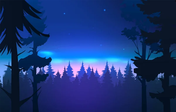 Vector paisaje nocturno. Pinos en el cielo brillante. Siluetas de árboles contra el cielo brillante. Ilustración vectorial — Vector de stock