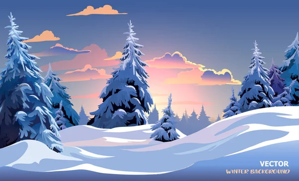 Paisaje forestal invernal. Fondo vectorial con árboles de Navidad. Fondo del bosque de invierno con hermosas nubes. — Vector de stock