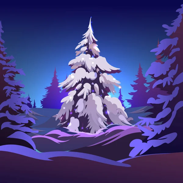 Árbol de Navidad en la nieve. Año Nuevo. Ilustración vectorial de una hermosa noche de invierno — Vector de stock