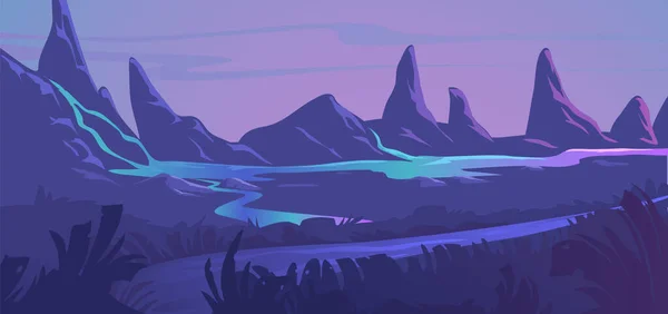 Panorama pianeggiante di montagne sullo sfondo dell'orizzonte, un fiume che scorre nella valle. Paesaggio alieno. — Vettoriale Stock