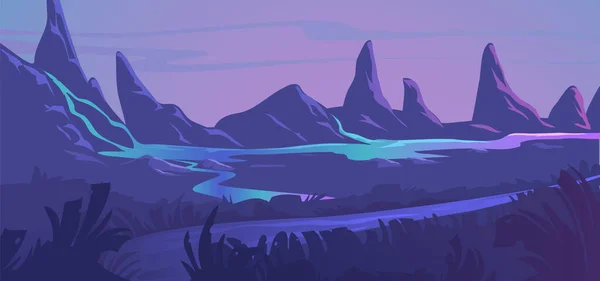 Panorama plano de montañas en el fondo del horizonte, un río que fluye en el valle. Paisaje extranjero. — Vector de stock