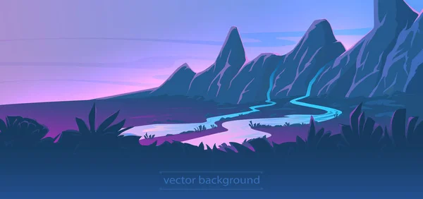 Fondo con montañas y ríos, fondo azul. Ríos fluyen en el valle. — Vector de stock