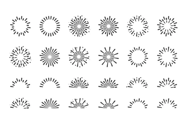 Sunburst Puso Iconos Fuegos Artificiales Explosión Rayos Puesta Sol Chispas — Vector de stock