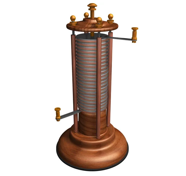 Bir Yığın ya da Batarya 'nın 3D Çizimi Alessandro Volta tarafından tasarlanmış, icat edilmiş ve üretilmiş ahşap yapı ve alternatif bakır ve çinko bileşenler ve metal direklerle.