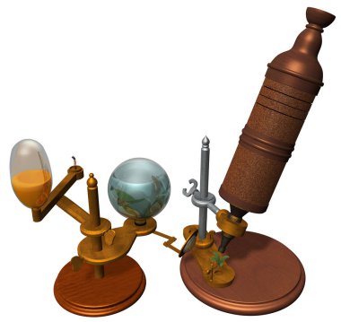 3D Rendering Illustration of a  Microscope designed and use by Robert Hooke in the middle of XVII century; with wooden bases and parts, mobile metal components, removable lenses, crystals & oil lamp. clipart