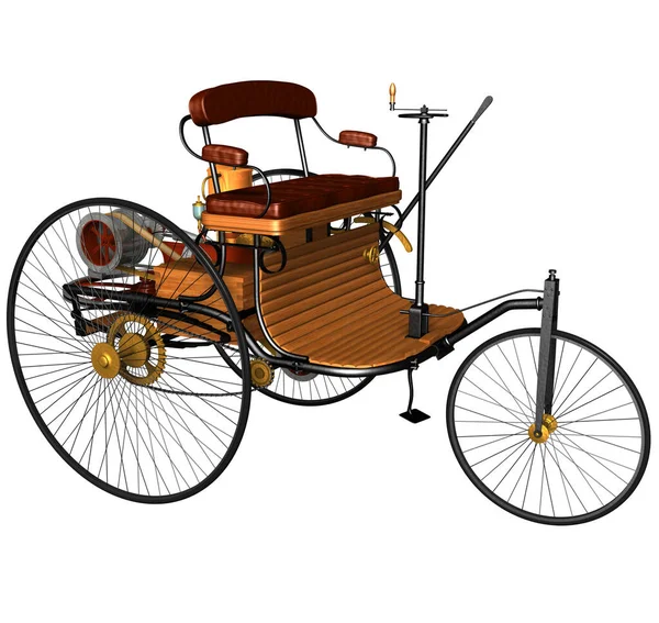 3Dレンダリング1885年にカール フリードリヒ Bが設計 製造し 1886年にBという名前で特許を取得した内燃機関を搭載した最初の認識された自動車のイラスト — ストック写真