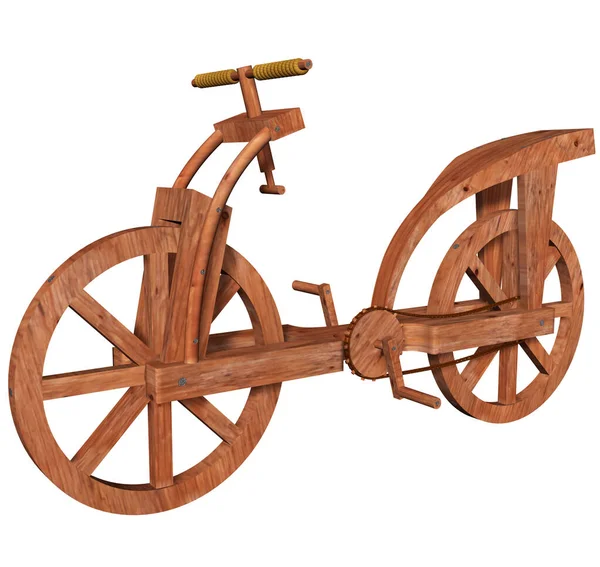Atlanticus Kodeksinde Leonardo da Vinci tarafından yaratılan ve üretilen bir bisiklet prototipinin 3 boyutlu tasviri; ahşap yapı, iki tekerlek, zincir, pedallar, çiviler ve halatla hazırlanmış.
