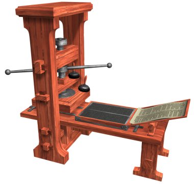 Alman kuyumcu ve mucit Johannes Gutenberg tarafından icat edilen ve üretilen 3D Baskı Baskısı. XV yüzyılının ortasında tahta gövde ve metal hareketli parçalarla.