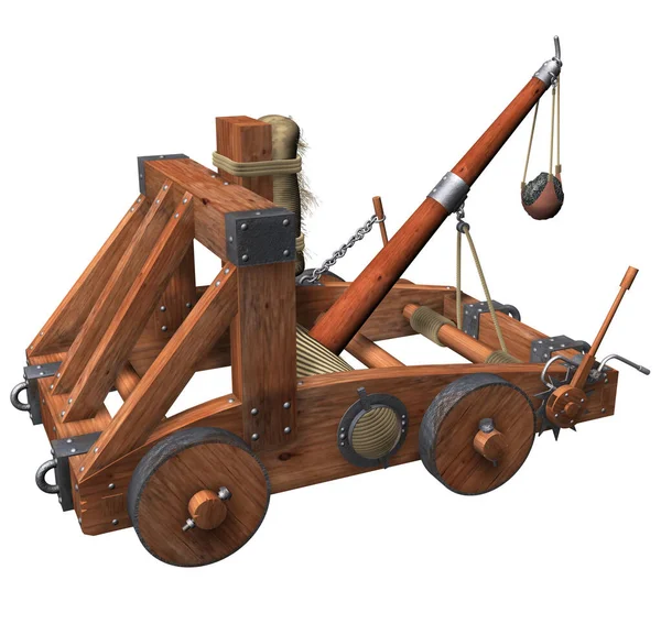Antik Roma Onager 'ın 3 boyutlu tasviri; küçük bir mancınık sistemi; ahşap yapı, metal bileşenler, çıkarılabilir tekerlekler, gergin halatlar, levye, vurulabilir saman torbası ve deri bir çanta..