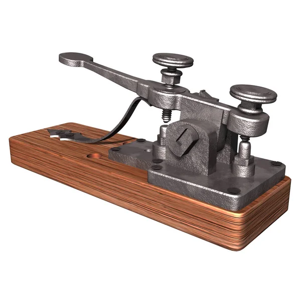 1830 'larda Samuel Morse ve diğer mucitler tarafından oluşturulan Antik Mors Telgraf Anahtarı' nın 3 boyutlu tasviri. Uzun mesafeli iletişim için ahşap taban ve mobil metal bileşenler..