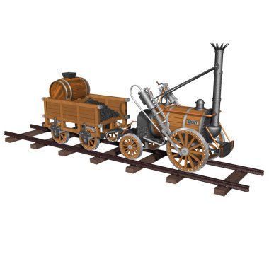 Robert Stephenson 'ın 3 boyutlu tasviri Rocket Steam Lokomotif, 1829' da yaratıldı, aynı yıl Liverpool ve Manchester demiryolları tarafından düzenlenen Rainhill Testleri 'nin galibi,.