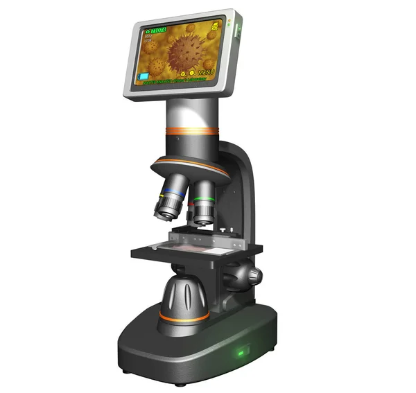 3D Rendering Illustration of a High Resolution Digital Microscope with Screen; for scientific studies and analysis. Uses optics and a digital camera to output an image to a monitor in a computer.