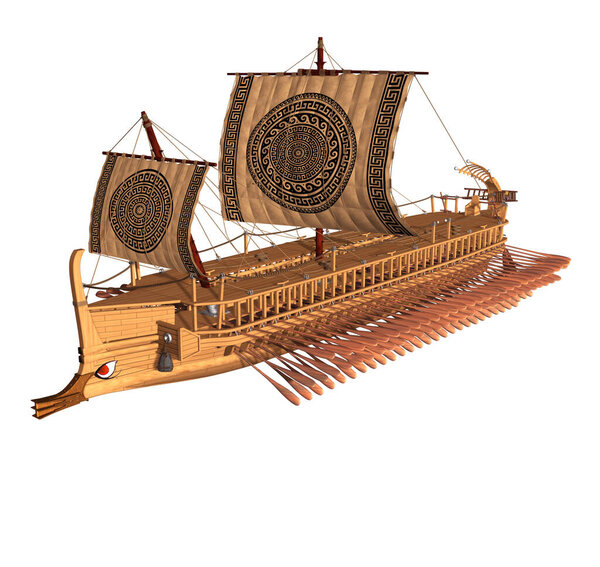 3D Rendering Illustration of an Ancient Trireme of the classic Greece; with wooden structure, 170 oars, two mast for square sails, ropes, rudders and a bronze ram in the prow for attack enemy ships.