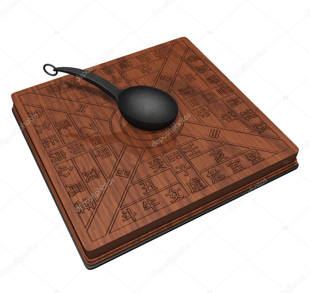 3D Rendering Illustration of an Ancient Chinese Compass known as NAN; with  Bronze or Wooden Base with 24 adresses sumbols marked and a Lodestone Spoon; used in the Diferents Ancient Chinese Periods.