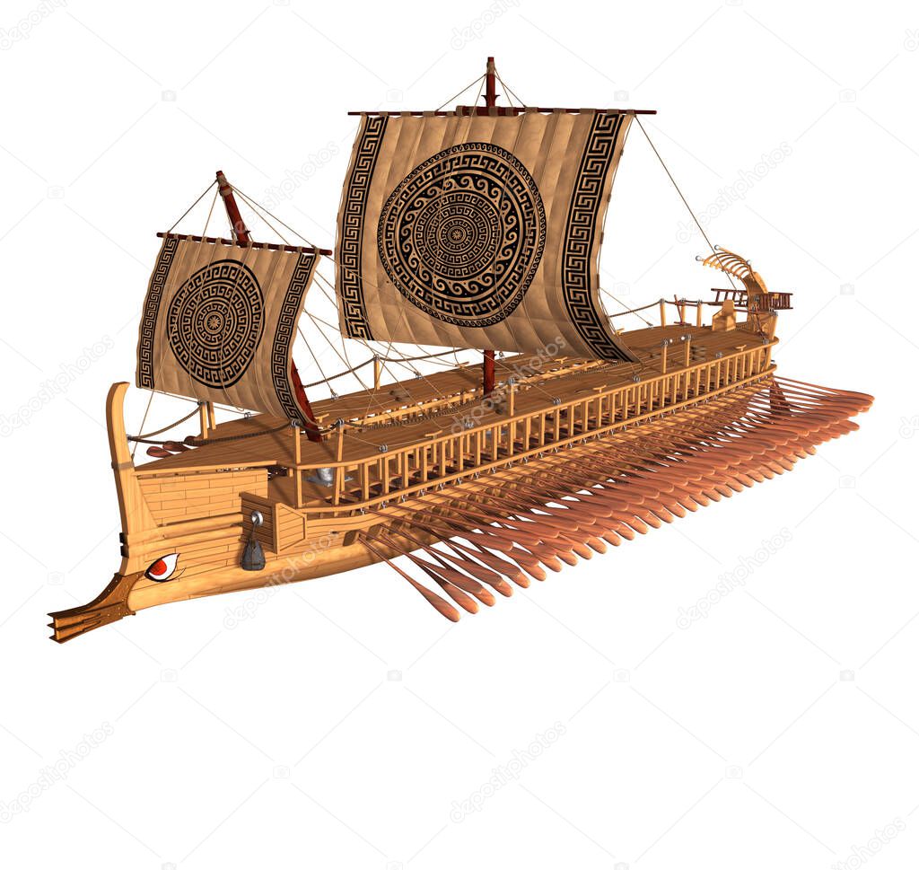 3D Rendering Illustration of an Ancient Trireme of the classic Greece; with wooden structure, 170 oars, two mast for square sails, ropes, rudders and a bronze ram in the prow for attack enemy ships.