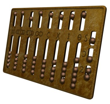 3D Rendering Illustration of an Ancient Roman hand Abacus; composed of a small metal plate marked with symbols, perforated with different grooves and movable beads for mathematical calculations.