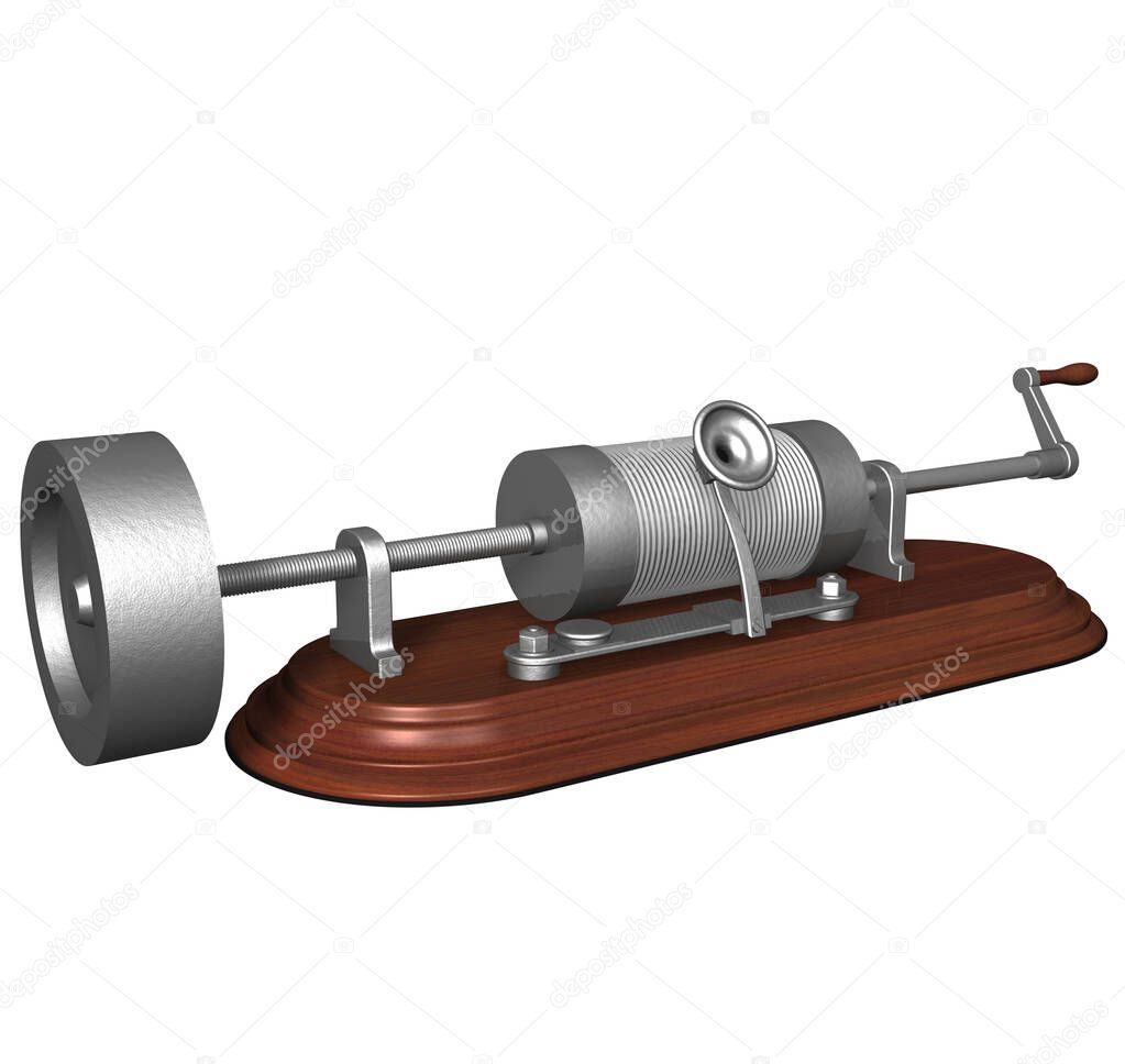 3D Rendering Illustration of Second Model of a Phonograph invented, created and patented by Thomas Alva Edison in 1878; with wooden base, mobile metal components, cylinders records and crank operated.