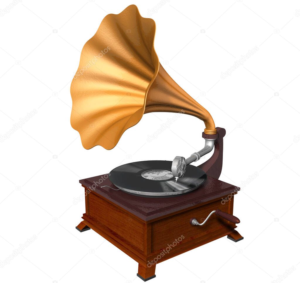 3D Rendering Illustration of an Antique Gramophone of late XIX Century; with wooden structure, metal components, mobile parts, crank for activation, rotating mechanism and large horn for sound output.