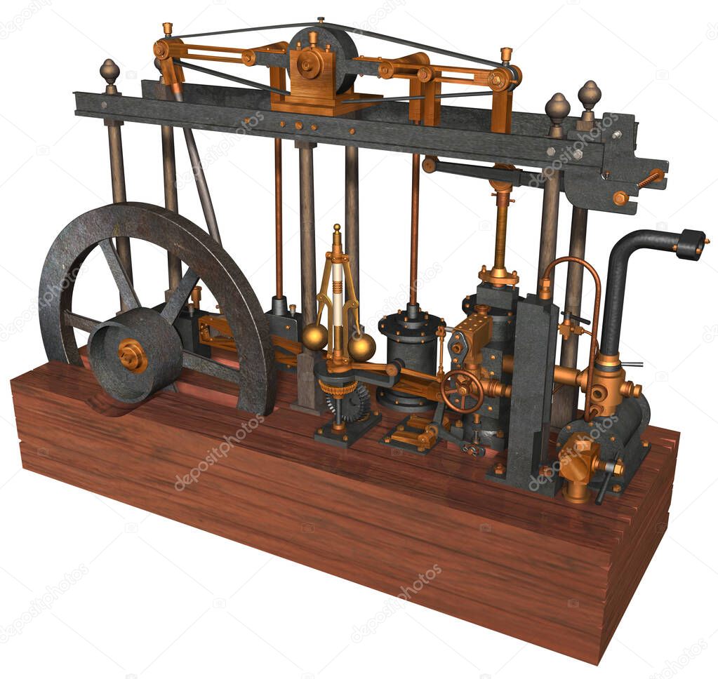 3D Rendering Illustration of a Steam Engine devised, built and perfected by Scottish inventor James Watt patented in 1769; based on the parallel motion of different metal components with wooden base.
