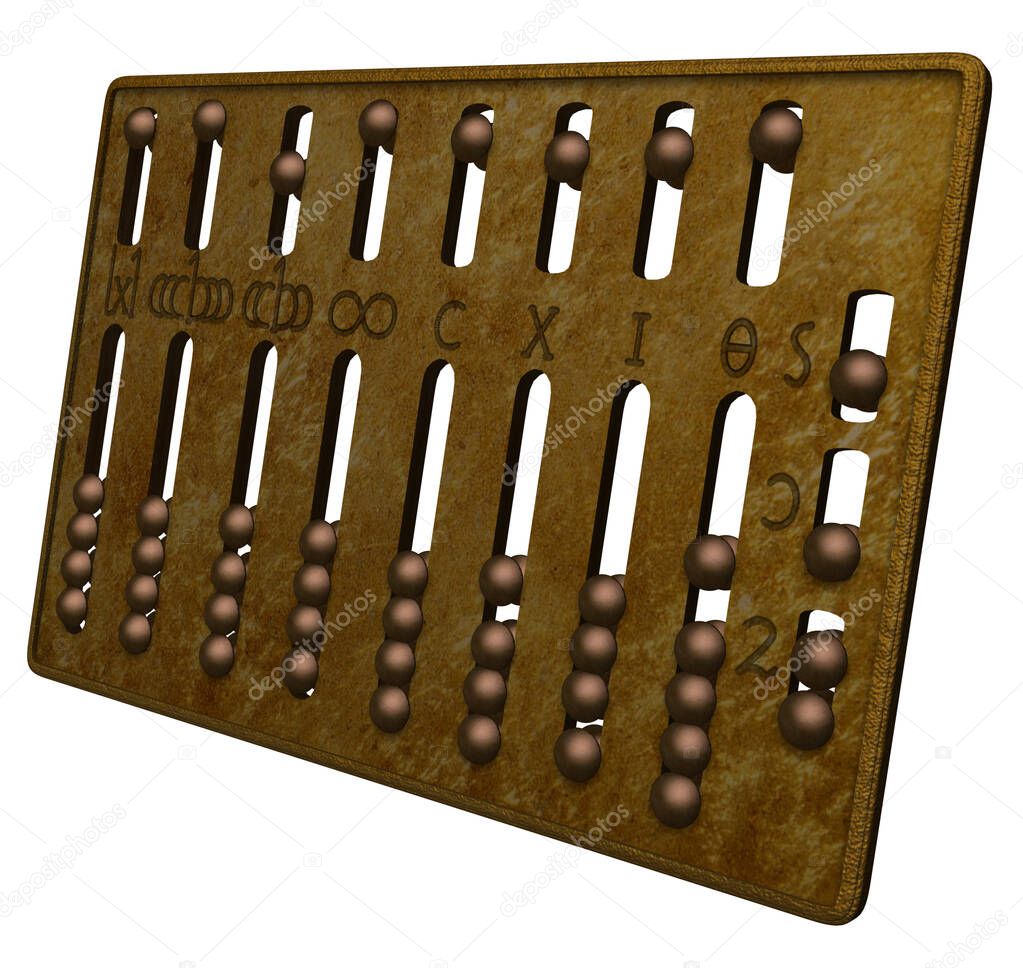 3D Rendering Illustration of an Ancient Roman hand Abacus; composed of a small metal plate marked with symbols, perforated with different grooves and movable beads for mathematical calculations.