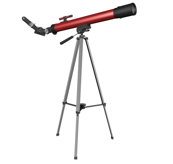3D Rendering Illustration of a Refracting Telescope Prototype for Studying and Observing the Cosmos; whith cylindrical body, lenses and mirrors, tripod, handle in the mount, objective and eye piece.