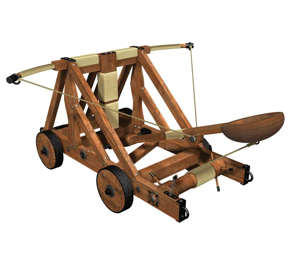 3D Rendering Illustration of an Ancient Catapult desing whith wooden structure, wheels to move, metal components, rope mechanisms, cranks and mobile parts.