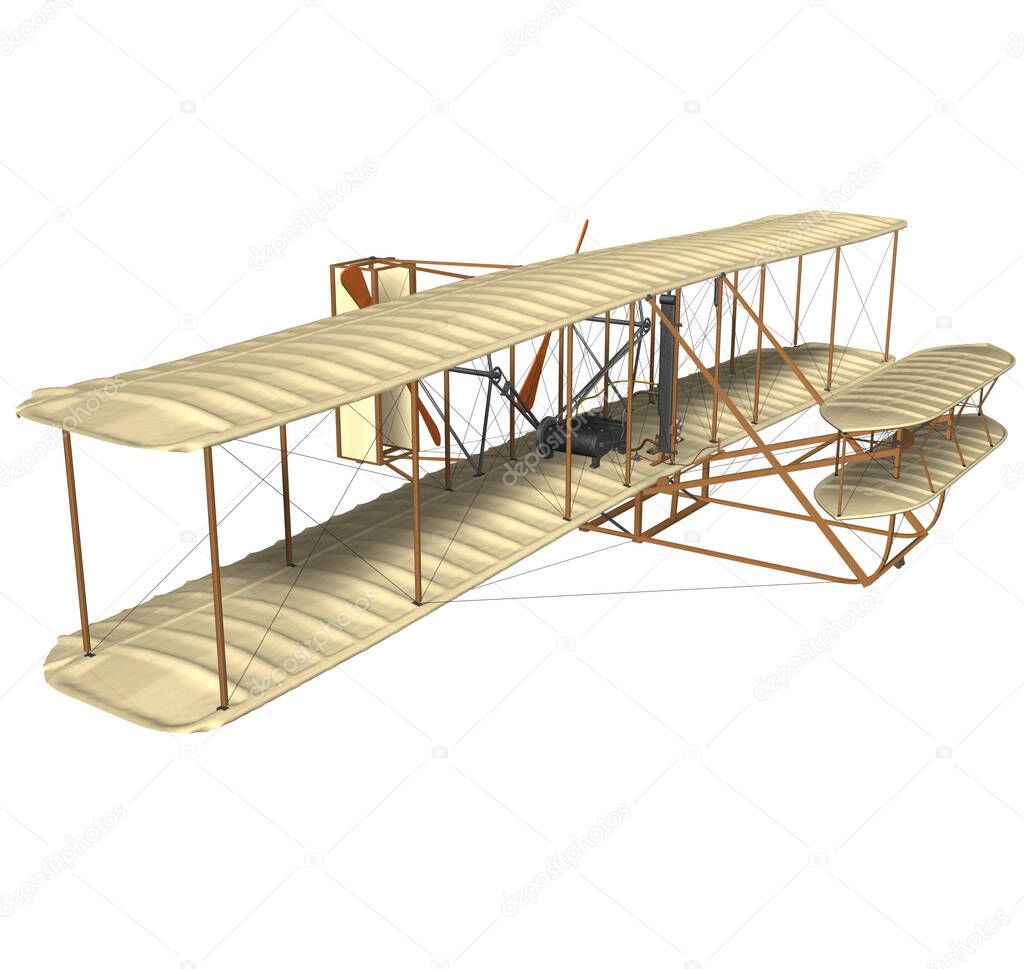 3D rendering illustration of the fist airplane (Flyer I) built and tested at Kitty Hawk's Kill Devil hill in North Carolina (United States) by Orville and Wilbur Wright on December 17 of 1903.