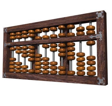 Metal çubuklar ve sendikalar, ahşap yapı ve farklı işlemler ve matematiksel hesaplamalar için taşınabilir boncuklar ile Antik Suanpan Çin abaküsünün 3 boyutlu çizimi.