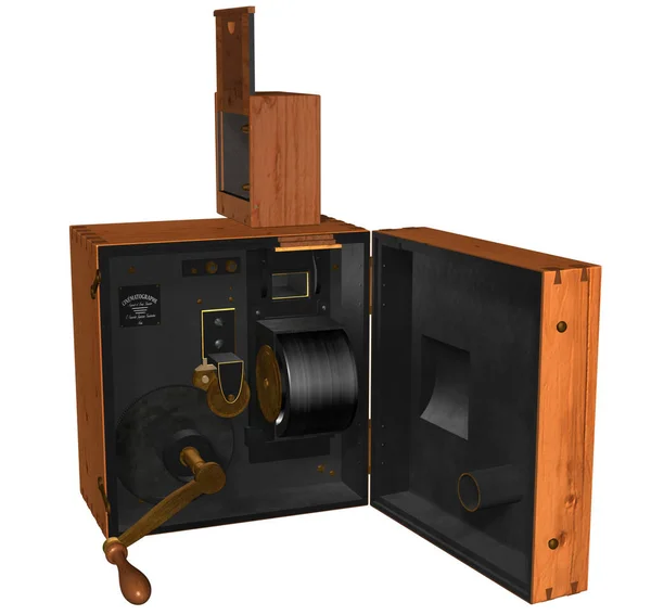 1890 'larda Lumire Brothers Cinematographe' nin iç mekanizmasının 3 boyutlu canlandırması; ahşap gövde, metal, lens, ayna, nesne, krank, hareketli görüntüleri yakalama ve yansıtma.