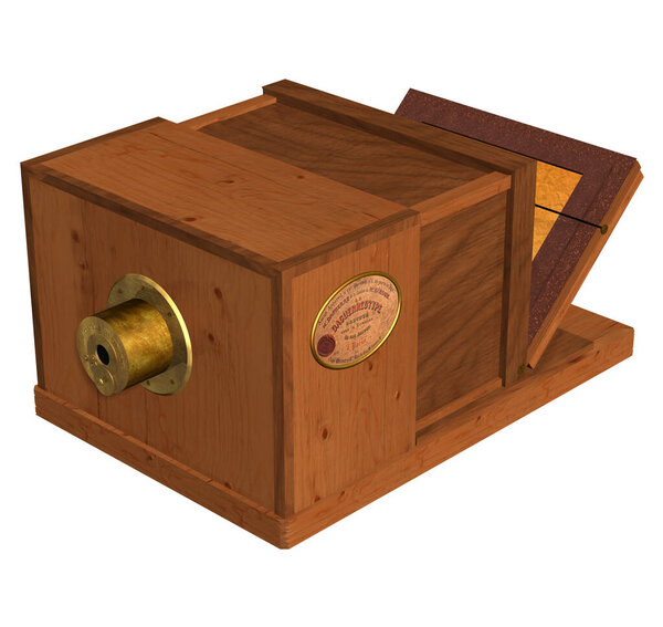 3D Illustration of a Daguerreotype Camera, invented in 1839 by the French Genius Louis-Jacques-Mand Daguerre; with wooden body, metal components, lens, crystals and capable of capturing images.