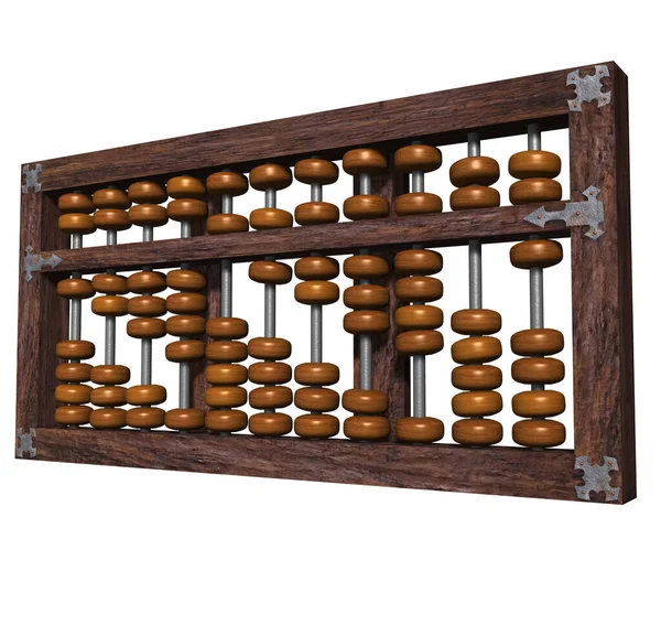 Metal çubuklar ve sendikalar, ahşap yapı ve farklı işlemler ve matematiksel hesaplamalar için taşınabilir boncuklar ile Antik Suanpan Çin abaküsünün 3 boyutlu çizimi.