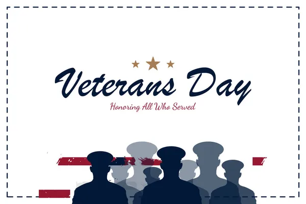 Glücklicher Veteranentag Grußkarte Mit Flagge Und Soldaten Auf Weißem Hintergrund — Stockvektor