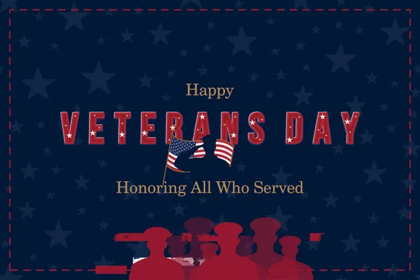 Glücklicher Veteranentag Grußkarte Mit Flagge Und Soldaten Auf Blauem Hintergrund — Stockvektor