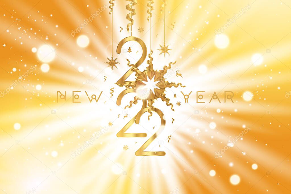 Happy New Year 2022. Greeting card with golden numbers and ribbons on a background. Flat vector illustration EPS10