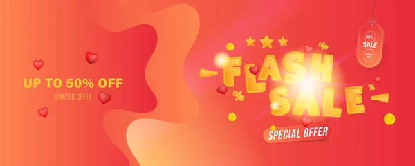 Banner Flash Sale Percent Special Offer Red Background Hearts Font — Vetor de Stock