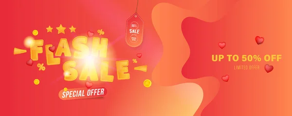 Banner Flash Sale Percent Special Offer Red Background Hearts Font — Vetor de Stock