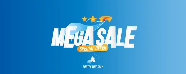 Mega Sale Web Banner Special Offer Blue Background Plane Font — Stockový vektor