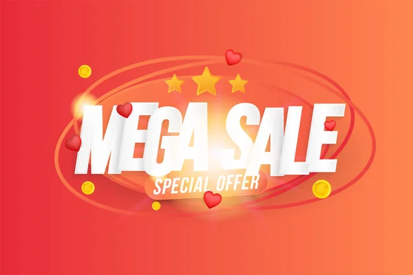 Banner Mega Sale Special Offer Red Background Hearts Font Inscription — Wektor stockowy