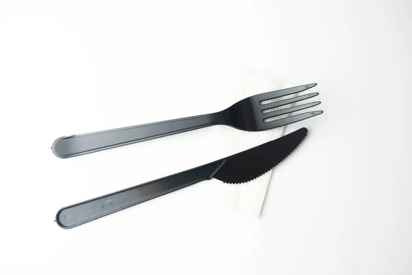 Clean Plastic Black Forks Knives White Background Disposable Dishes Environmental — 스톡 사진