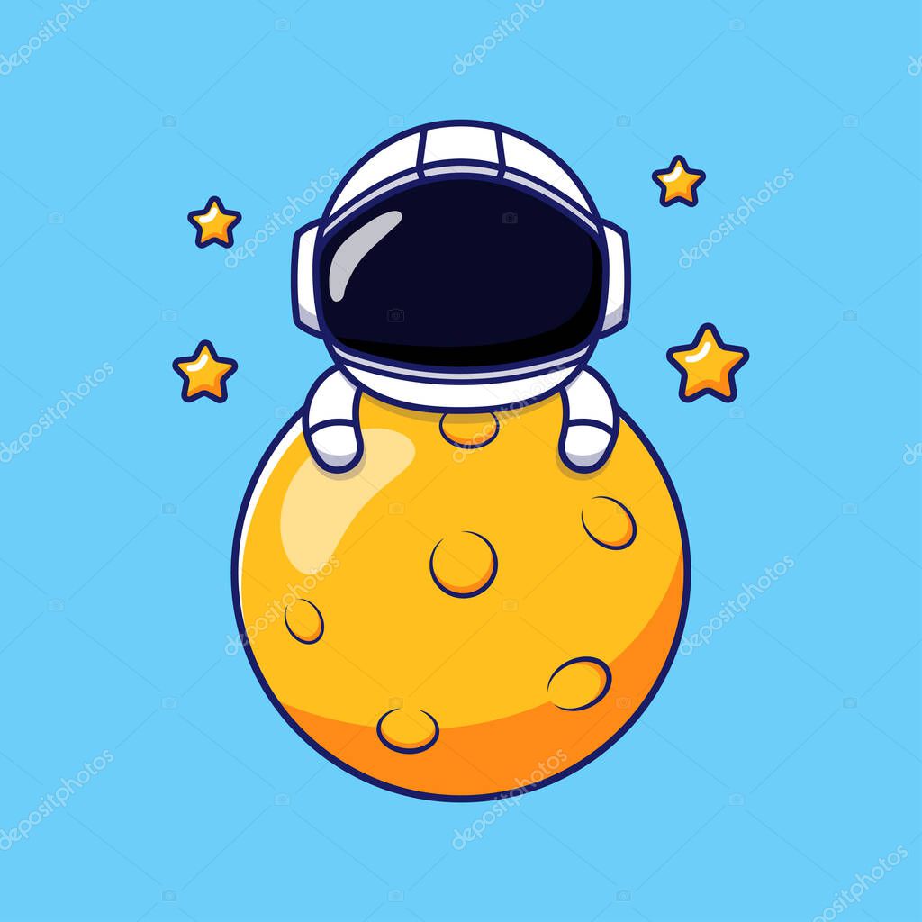Cute happy astronaut hugging moon