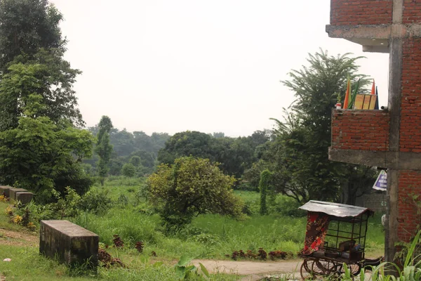 Поруч Старим Цегляним Будинком Уттаракханда Індія Стоїть Чудове Село Деревами — стокове фото