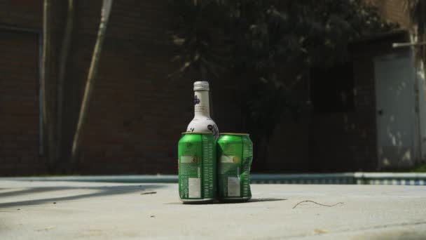 Latas Cerveza Botella Bebida Suelo Tomando Sol Junto Una Piscina — Vídeo de stock