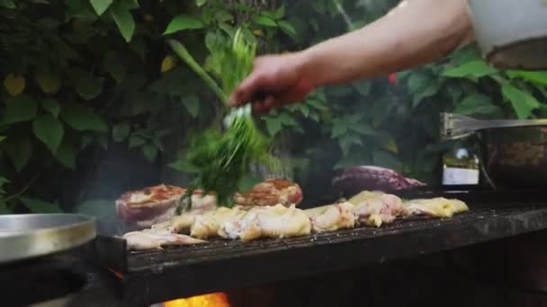 Primer Plano Condimento Carnes Una Parrilla Fumar Con Fuego Soplar — Vídeos de Stock