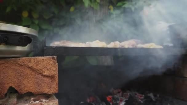 Zbliżenie Płomieni Ognia Grilla Eksploduje Węglu Rośnie Przez Mięso Jedzenie — Wideo stockowe