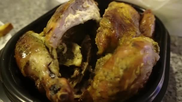 Closeup Grilled Chicken Black Plastic Container Brought Delivery Cut Serve — Stock Video