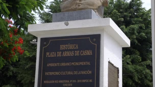 Closeup Sculptures Monuments Main Square Casma Casma Peru April 2022 — Stock Video