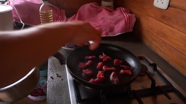 Cámara Lenta Cocción Primer Plano Poner Pequeños Trozos Carne Roja — Vídeo de stock