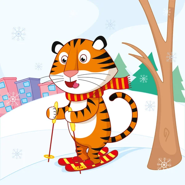 Милый Мультяшный Тигр Шарфе Катается Лыжах Зимой Городом — стоковый вектор