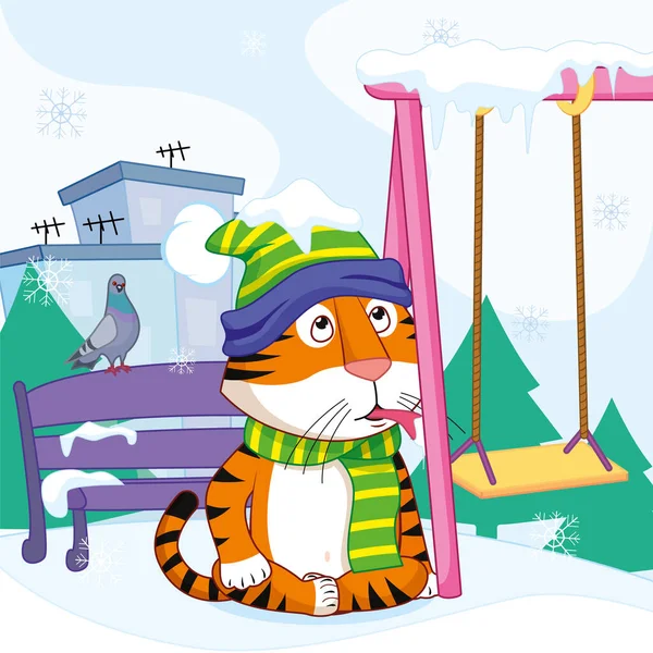 Милый Мультяшный Тигр Шляпе Шарфе Облизывает Замерзшие Качели Зимой Городе — стоковый вектор
