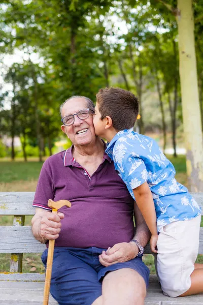 Gradson Φιλάει Τον Παππού Του Καθισμένος Ένα Παγκάκι Στο Πάρκο — Φωτογραφία Αρχείου